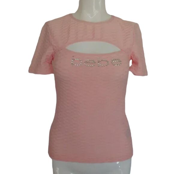 BEBE Top, S, Pink Textured Activewear, Rhinestone LOGO, Keyhole, Short sleeves - Picture 9 of 12